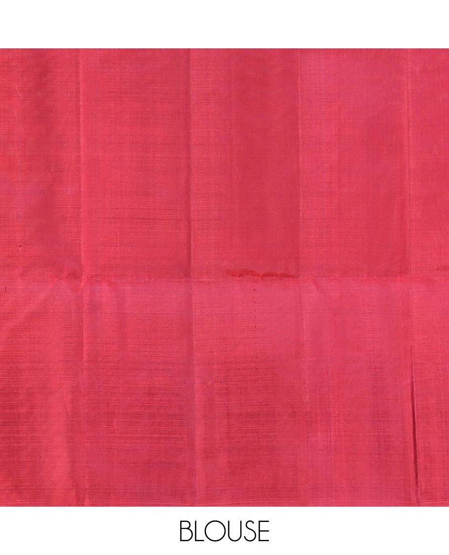 Red zari buttas soft silk saree, zari border of pine tree designs, and pallu of intricate designs