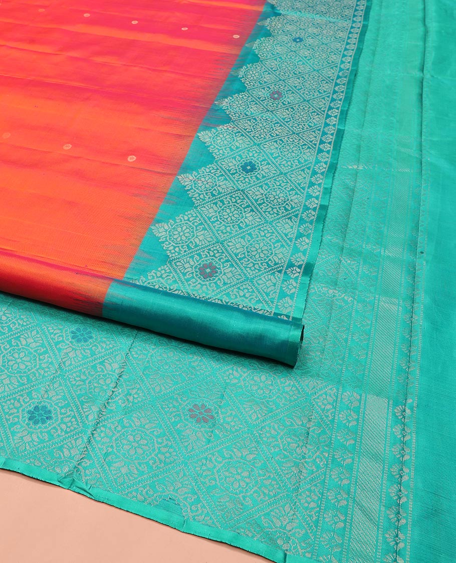 Orange Mayuri Soft Silk Saree, Elevated with Buttas All Over Its Body, Complemented by a Contrast Border of Jaal Designs, Grand Pallu of Jaal Designs, and Paired with a Contrast Blouse