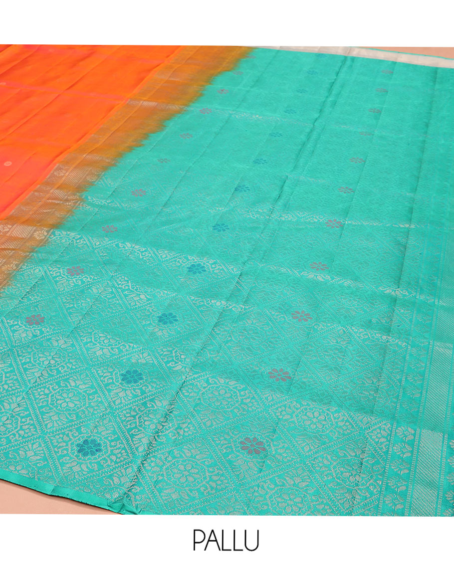 Orange Mayuri Soft Silk Saree, Elevated with Buttas All Over Its Body, Complemented by a Contrast Border of Jaal Designs, Grand Pallu of Jaal Designs, and Paired with a Contrast Blouse