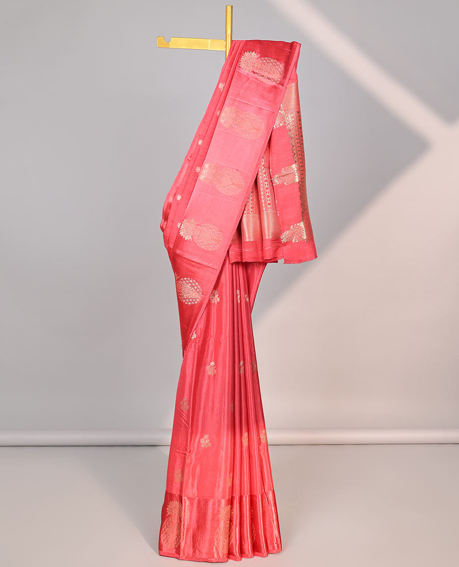 Red floral motifs mushru silk saree with self floral design border & intricate striped design pallu