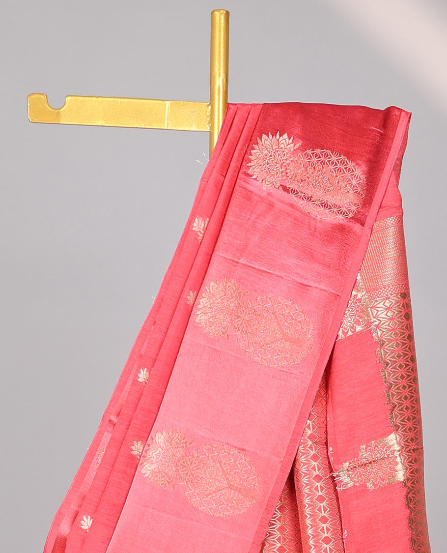Red floral motifs mushru silk saree with self floral design border & intricate striped design pallu
