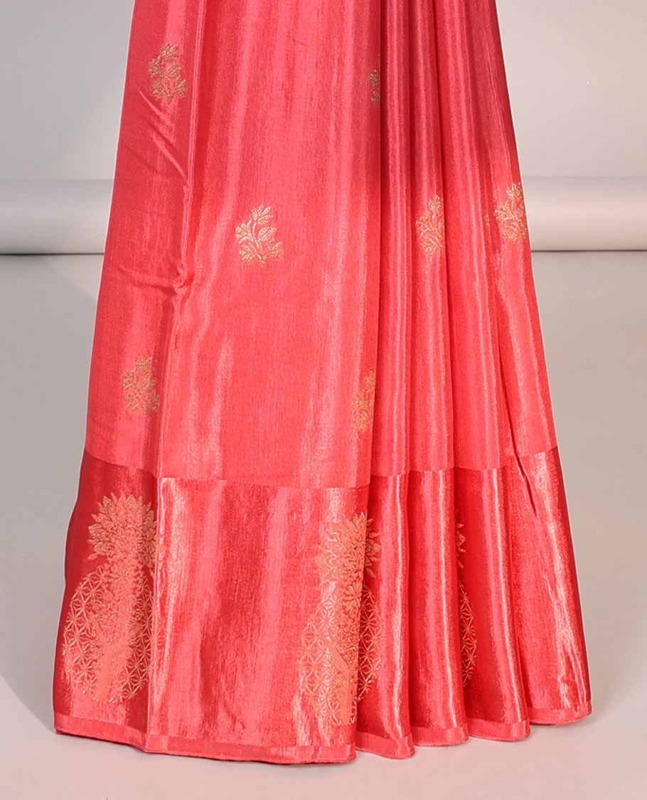 Red floral motifs mushru silk saree with self floral design border & intricate striped design pallu