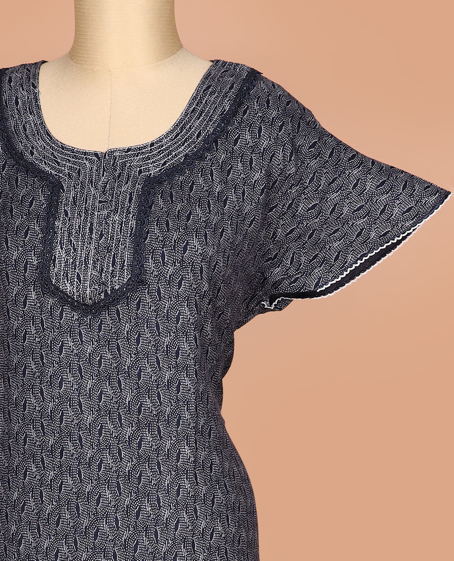Blue ogee geometric printed with round neck embroidered, half-sleeve nighty