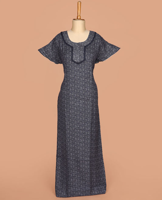 Blue ogee geometric printed with round neck embroidered, half-sleeve nighty