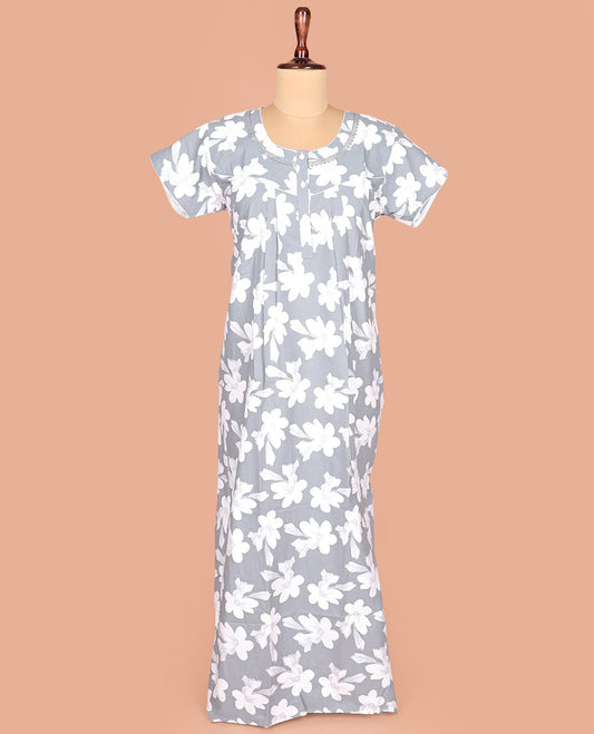 Grey Cotton Nighty Delicately Decked up with Silhouette Floral Motifs Print, Featuring Lace Work, Round Front Neck, and Half Sleeves