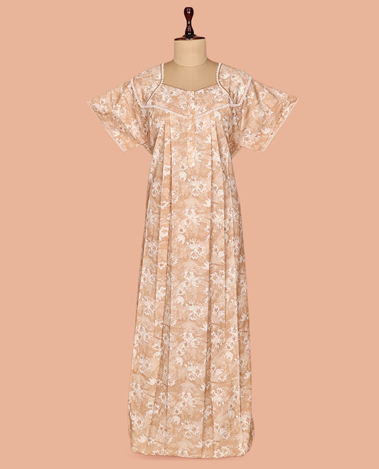 Light Sandal Floral Print Cotton-Blended Nighty