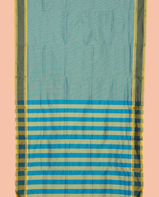Light Blue Micro-Checked Art-Silk Nine Yard Saree, a Contrast Traditional Zari Border, Striped Pallu, and No Blouse