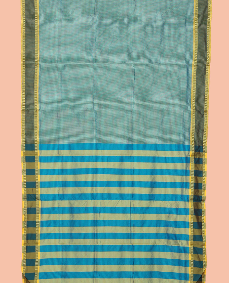 Light Blue Micro-Checked Art-Silk Nine Yard Saree, a Contrast Traditional Zari Border, Striped Pallu, and No Blouse