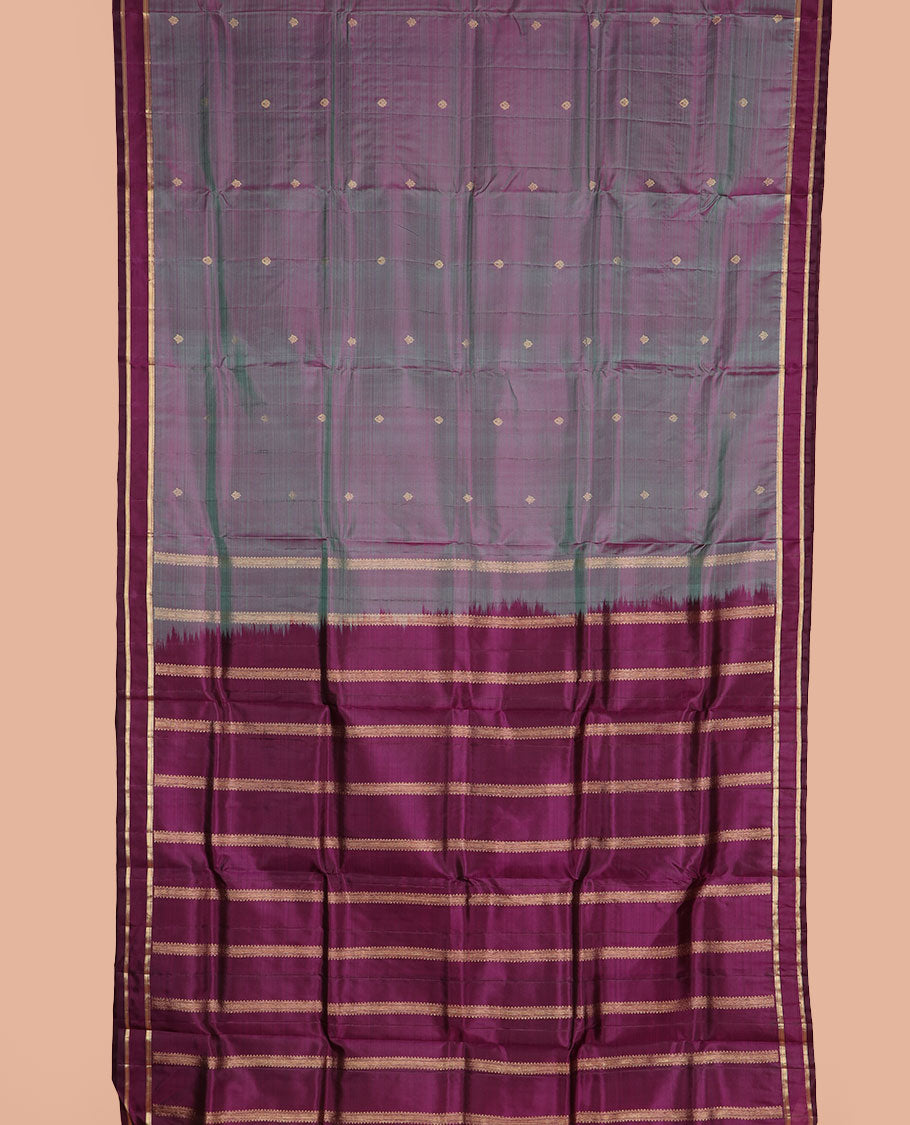 Light purple zari buttas nine-yard silk saree, contrast rettai pettu border of rekku and mayil kann, and zari design pallu