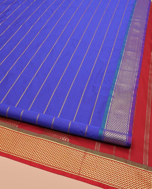 Royal Blue Ten-Yard Art Silk Saree Decked Up with Neli Stripes, Complemented by a Contrast Traditional Ara Maadam Border, and Pallu Elevated with Zari Designs