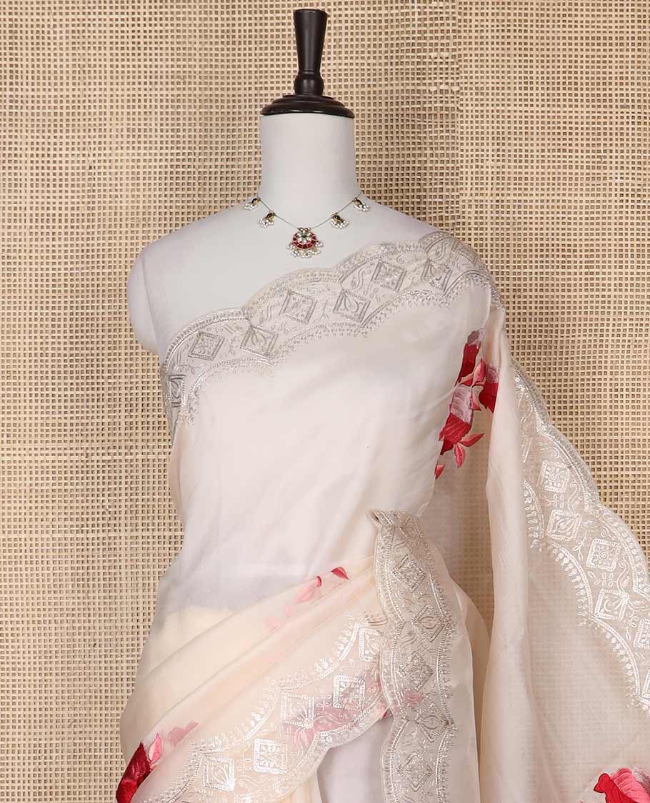 Cream rose motifs organza saree with self embroidery, scallop border