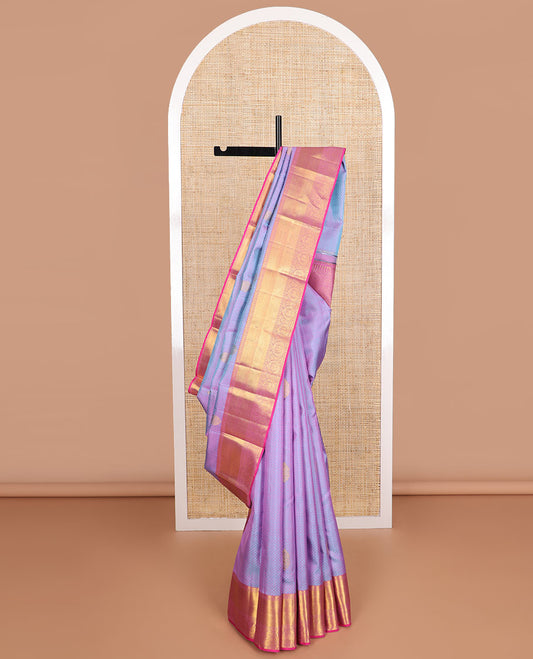 Purple leaf design silk saree with contrast border of thilakam mooku, muthu, banaras, paun & jaal design pallu