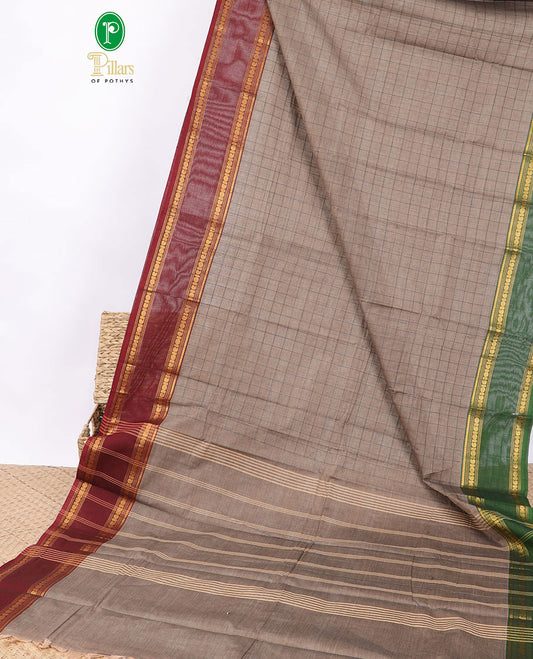 Grey checked chettinad cotton saree with contrast zari design, ganga jamuna border