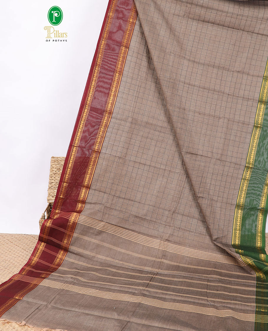 Grey checked chettinad cotton saree with contrast zari design, ganga jamuna border