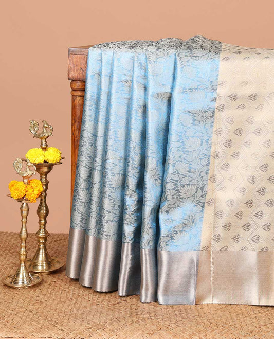 Blue zari flower weaving design banaras tissue saree with zari bawanchi border & butta zari pallu along with brocade blouse