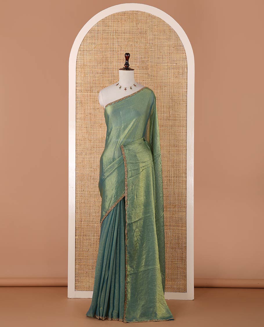 Parrot green fendy chiffon saree with hand work border & self pallu along with hand work blouse