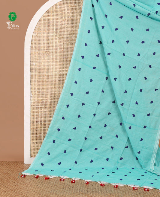 Borderless Ramar blue color heart thread embroidery jute cotton saree with self pallu & plain blouse