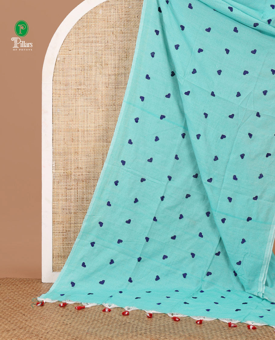 Borderless Ramar blue color heart thread embroidery jute cotton saree with self pallu & plain blouse