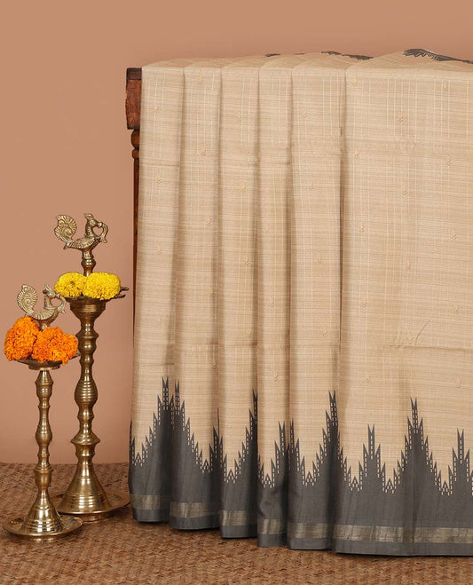 Cream small butta design kathan silk saree with contrast temple border & striped, temple design pallu along with striped blouse