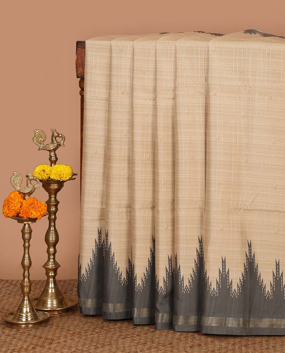 Cream small butta design kathan silk saree with contrast temple border & striped, temple design pallu along with striped blouse
