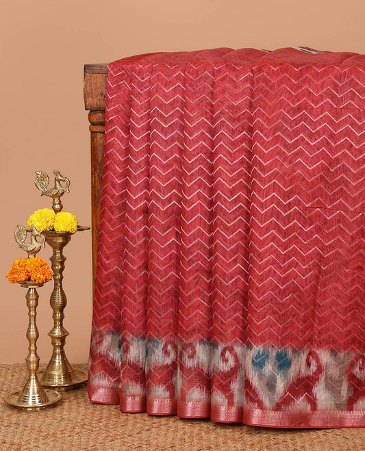 Red semi-dupion saree with zig-zag stripes in golden color zari, pochampally ikkat border of traditional zari design & pallu of pochampally-style print