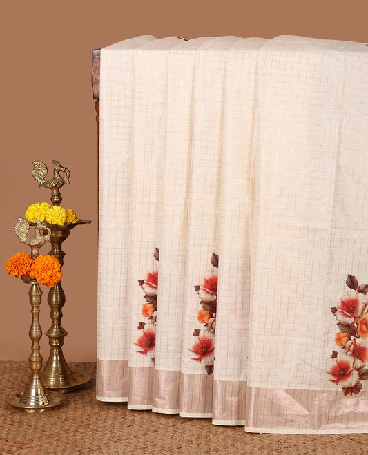 Cream zari checked & floral motifs screen printed Kerala cotton saree, zari bavanji border & screen printed  pallu