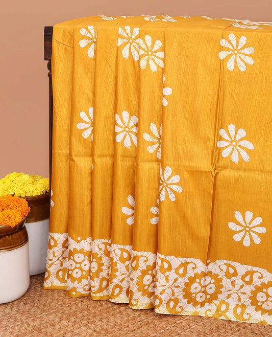 Mustard pathik print dola soft silk saree with smally carry design print blouse