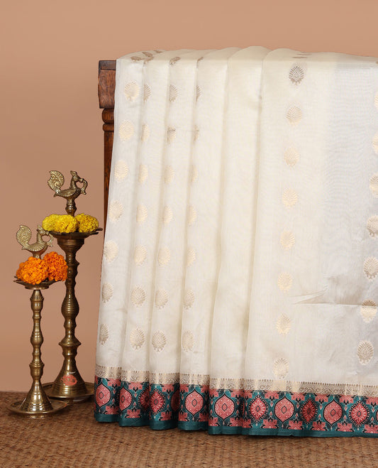 Cream zari buttas viscose georgette saree, contrast zari & ajrakh print border,zari-rich pallu & ajrakh printed blouse