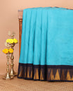 Blue full-plain sungudi cotton saree, contrast checks & temple zari border, lining seer pallu & plain blouse