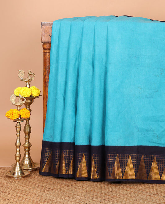 Blue full-plain sungudi cotton saree, contrast checks & temple zari border, lining seer pallu & plain blouse