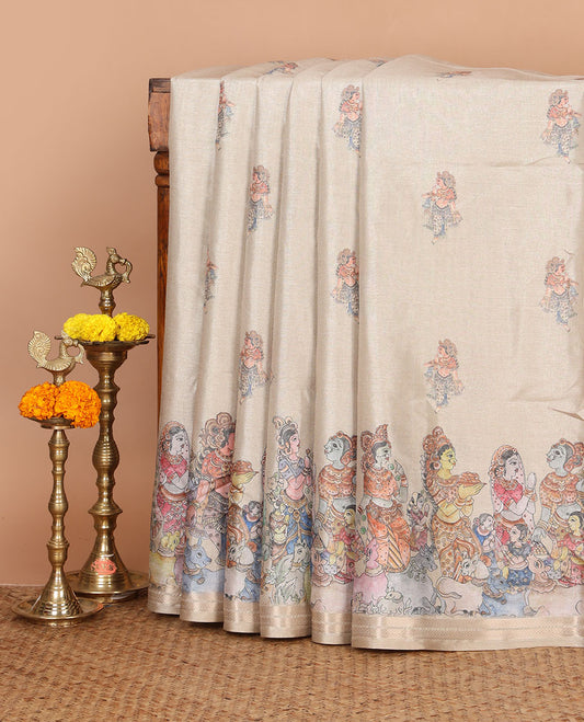 Chikku human motifs printed semi-tussar saree, zari chevron border, pallu of pichwai cow & human figurines, & pichwai printed blouse