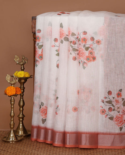 White rose floral printed linen saree, contrast silver bavanji border, floral printed pallu & floral printed brown blouse