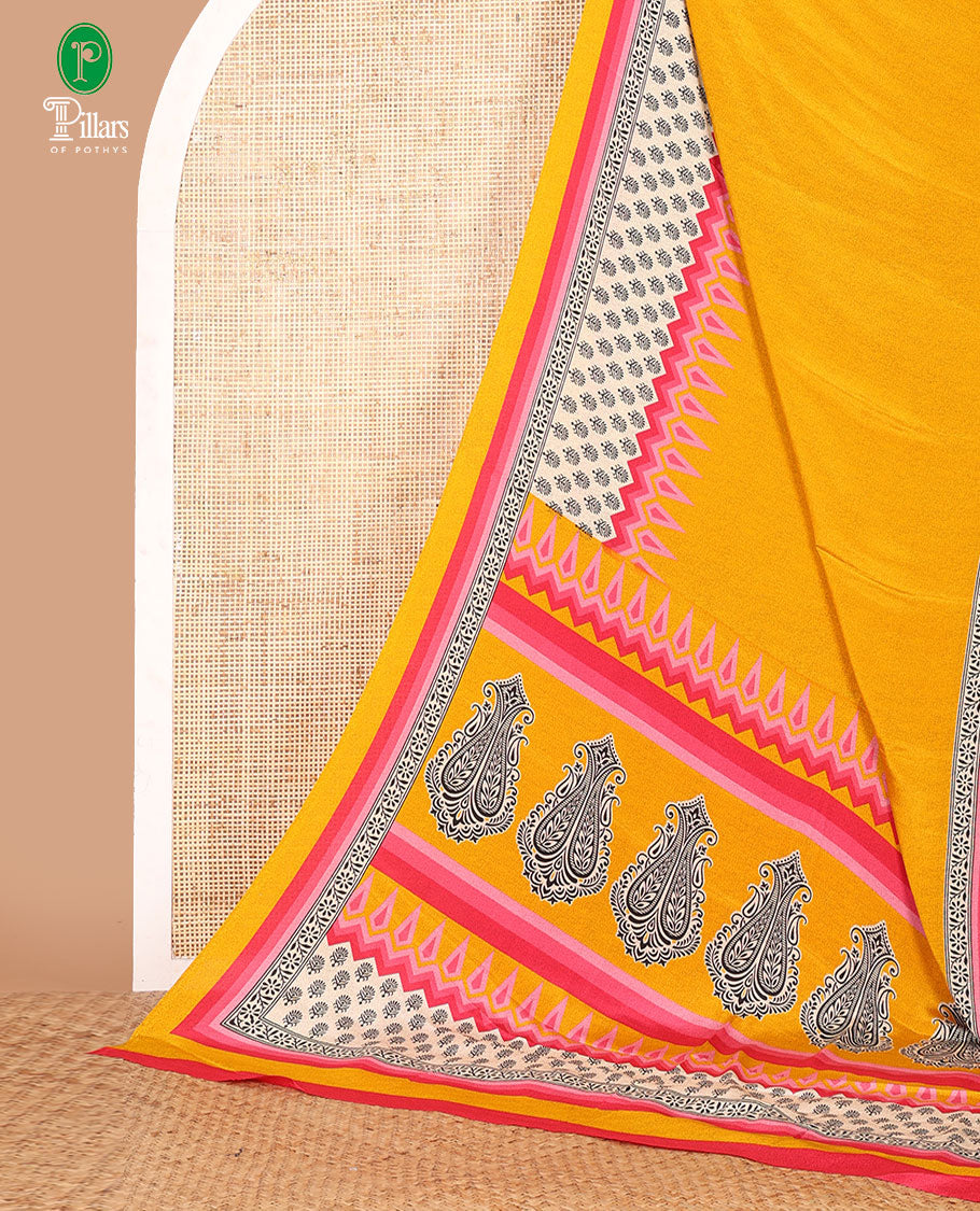 Gold plain crepe silk saree, contrast floral & geometric block printed-style border, printed pallu & contrast plain blouse