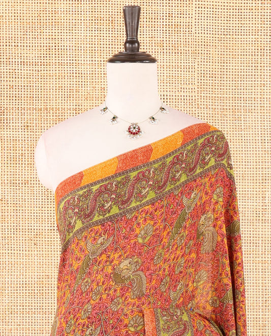 Orange & pink intricate floral & bird printed kimaya saree, peacock printed border, printed pallu & contrast printed blouse