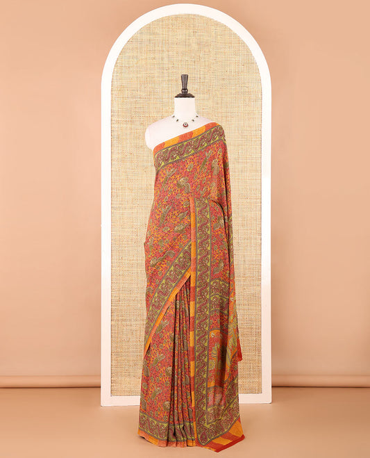 Orange & pink intricate floral & bird printed kimaya saree, peacock printed border, printed pallu & contrast printed blouse