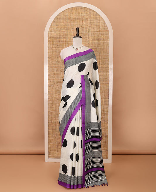 Cream polka dot printed khadi cotton saree, contrast piping border with stripes print, striped printed pallu & purple stripes printed blouse