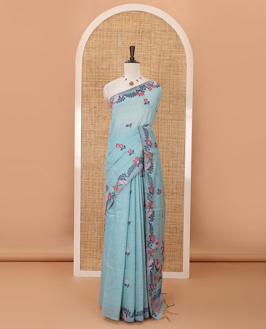 Blue meena buttas woven linen saree, jamdhani-style floral design woven border, floral design pallu & contrast zari butta blouse
