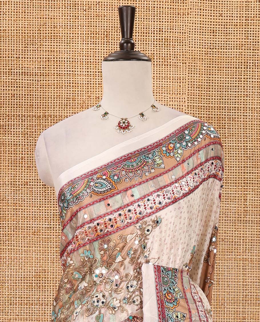 Cream-base Red-base floral bandhani-theme printed & real mirror embroidery masakali saree, self-border, printed mirror work pallu & matching blouse