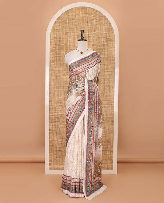 Cream-base Red-base floral bandhani-theme printed & real mirror embroidery masakali saree, self-border, printed mirror work pallu & matching blouse