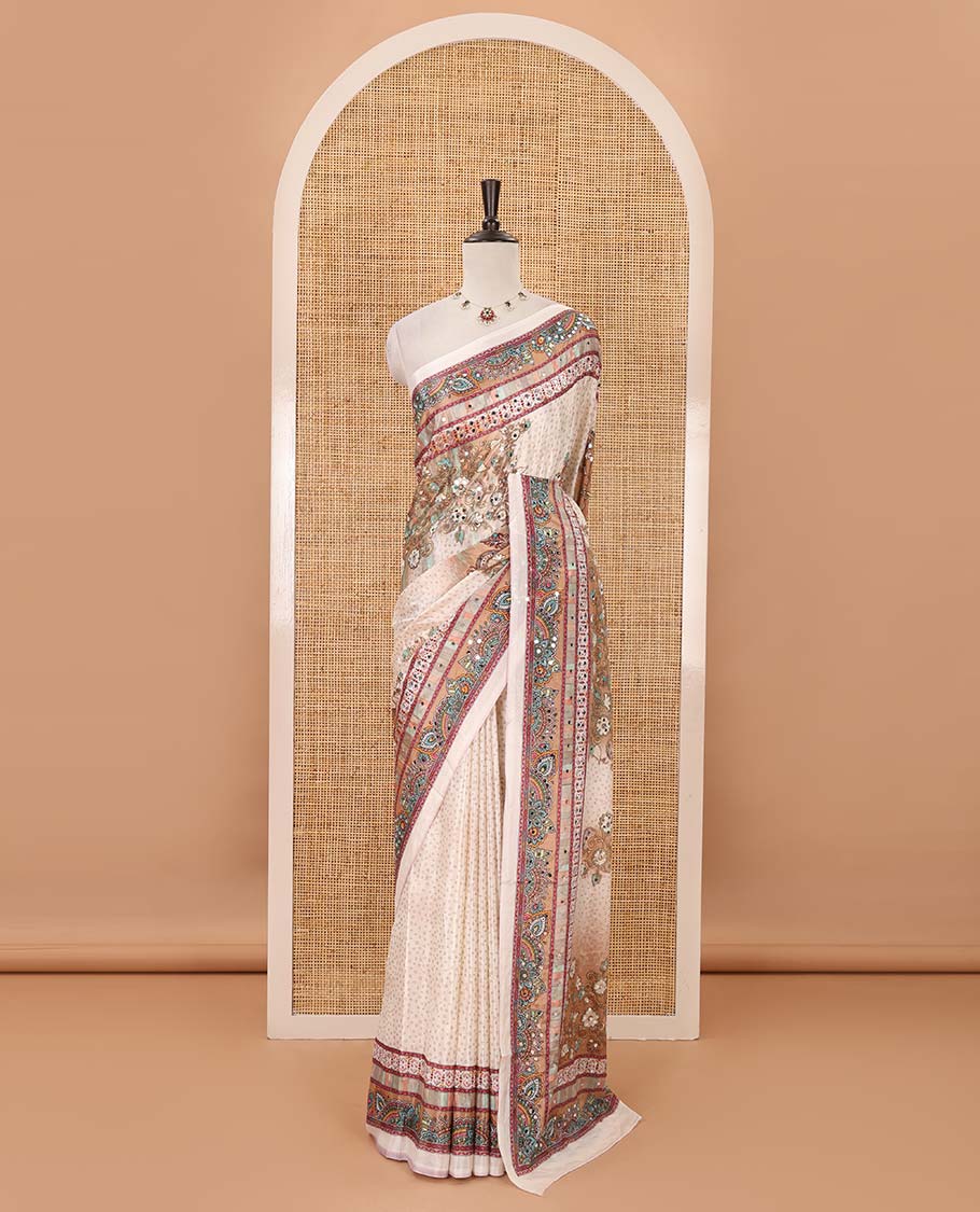 Cream-base Red-base floral bandhani-theme printed & real mirror embroidery masakali saree, self-border, printed mirror work pallu & matching blouse