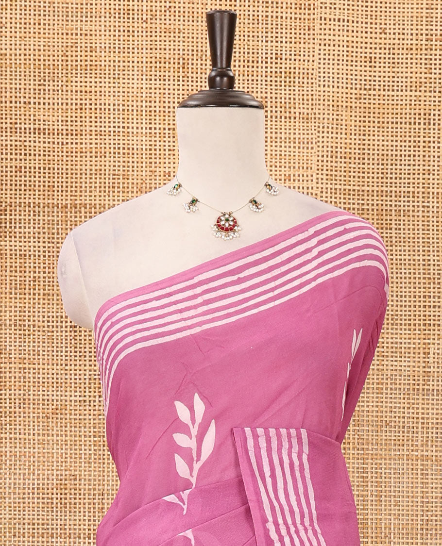 Pink leaf batik printed georgette saree, batik-printed striped border, floral-geometric batik printed pallu & batik printed blouse