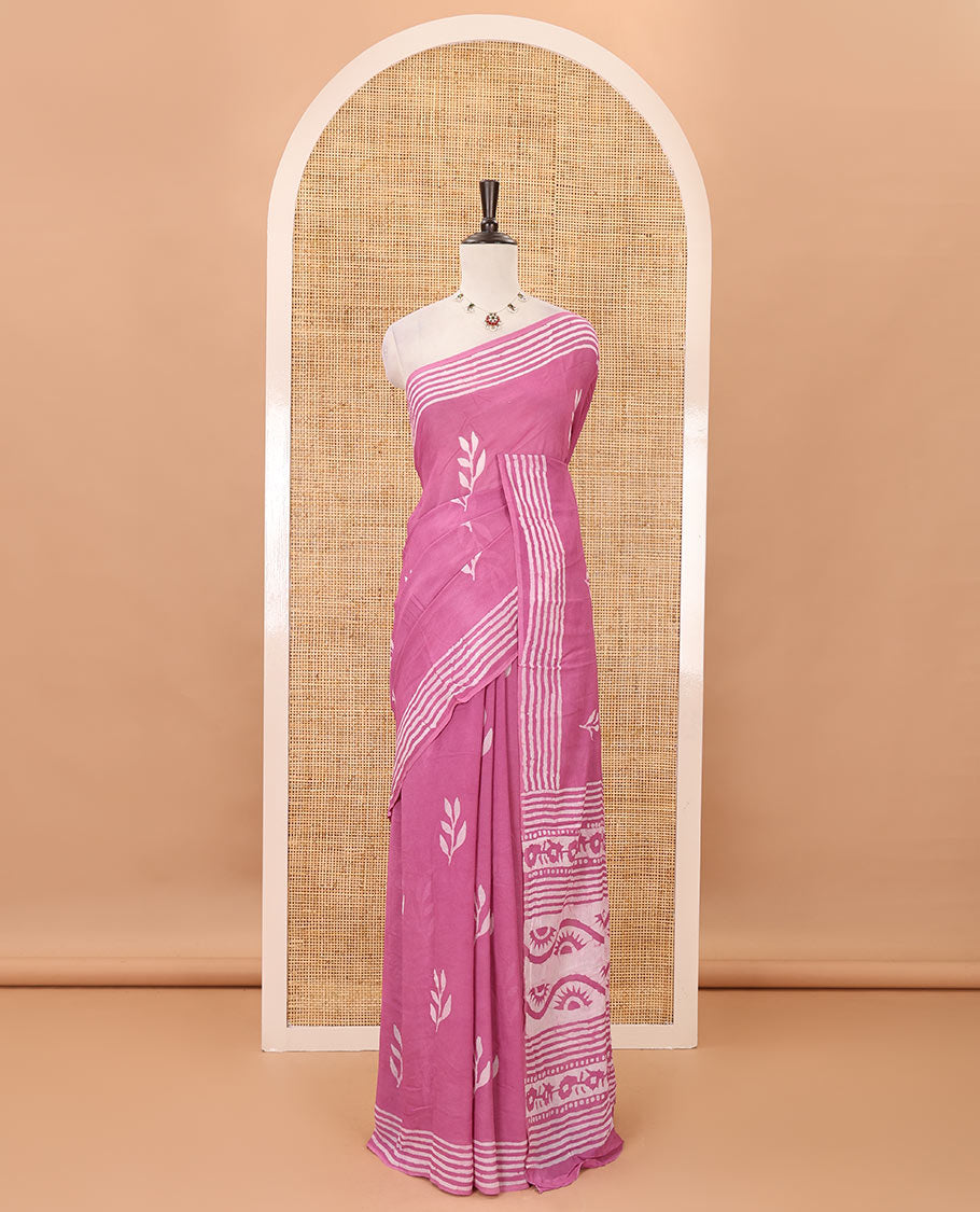 Pink leaf batik printed georgette saree, batik-printed striped border, floral-geometric batik printed pallu & batik printed blouse