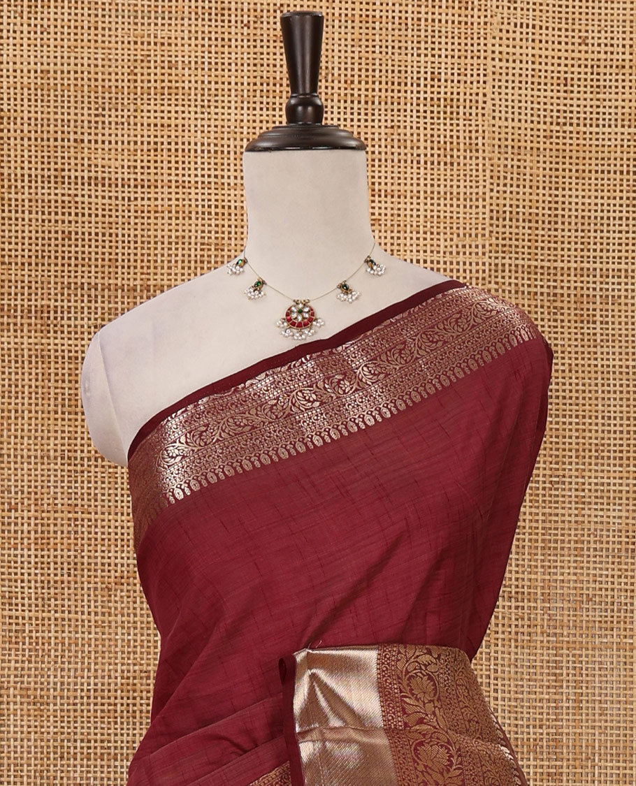 Purple plain tussar saree, traditional zari design border, pallu of zari stripes & matching traditional motif border blouse