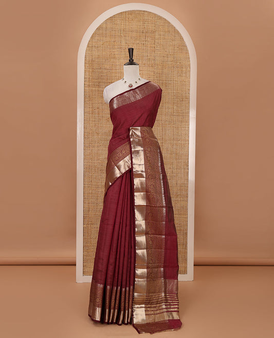 Purple plain tussar saree, traditional zari design border, pallu of zari stripes & matching traditional motif border blouse