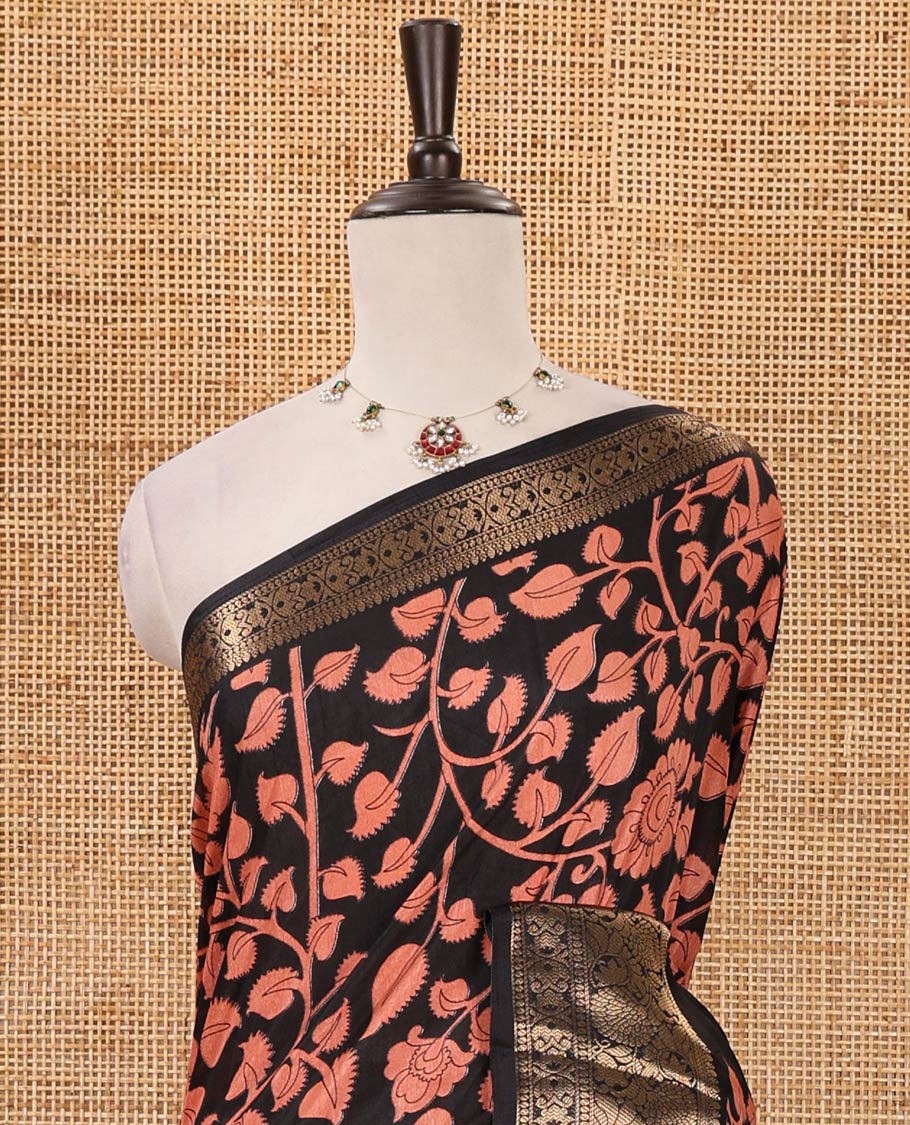 Black-pink kalamkari floral vine & peacock printed Dola silk saree,traditional zari border,kalamkari print pallu & matching blouse of print & zariwork