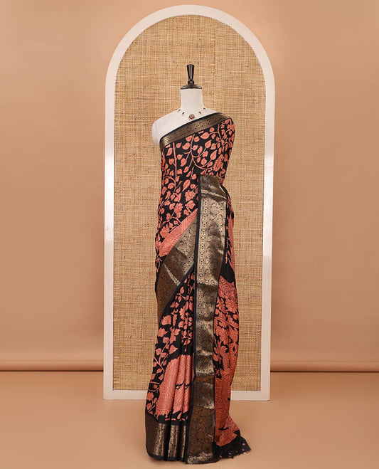 Black-pink kalamkari floral vine & peacock printed Dola silk saree,traditional zari border,kalamkari print pallu & matching blouse of print & zariwork