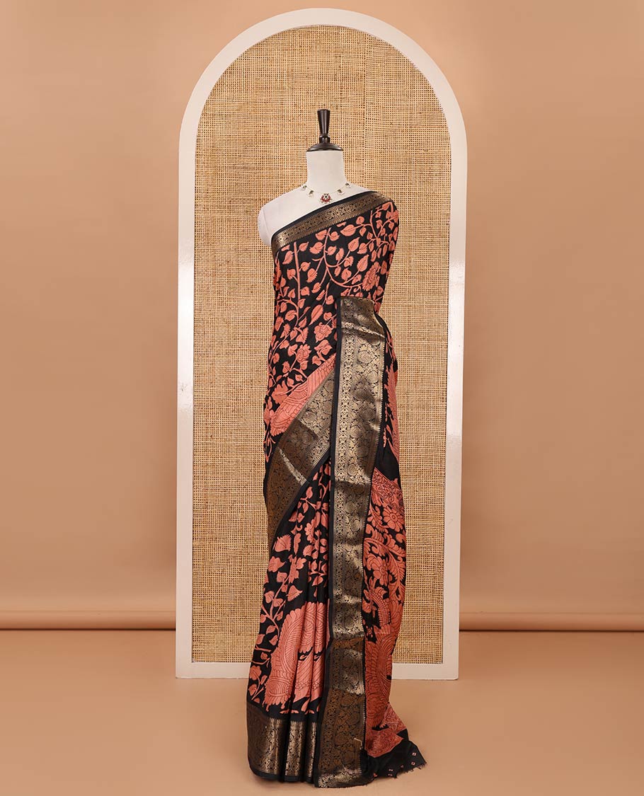 Black-pink kalamkari floral vine & peacock printed Dola silk saree,traditional zari border,kalamkari print pallu & matching blouse of print & zariwork
