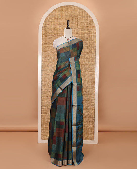 Peacock green-base multi-color abstract printed black spun linen saree, zari piping border, Madhubani printed pallu & printed blouse