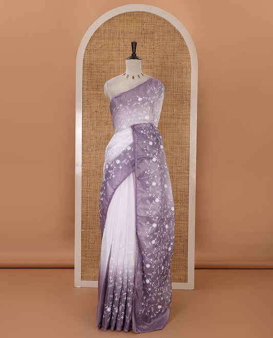 White-lavender color 2D-style print & floral vine chikankari embroidered kota check saree, lace border & plain blouse