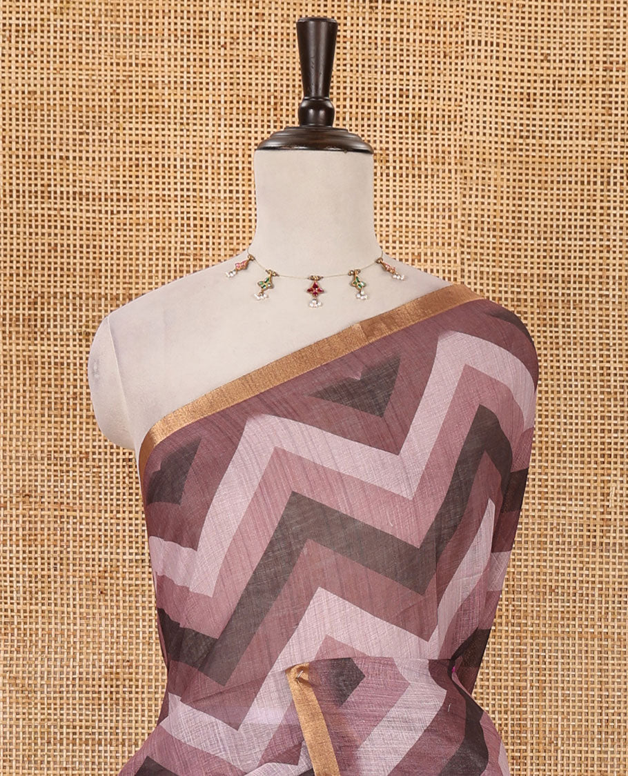 Onion pink zig-zag stripes printed linen cotton saree, piping zari border, kalamkari floral-peacock printed pallu & contrast printed blouse